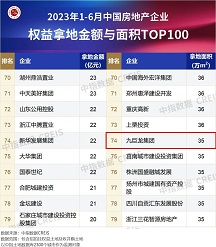 九巨龍位列中指院2023年1-6月全國(guó)房企拿地TOP100排行榜第74位